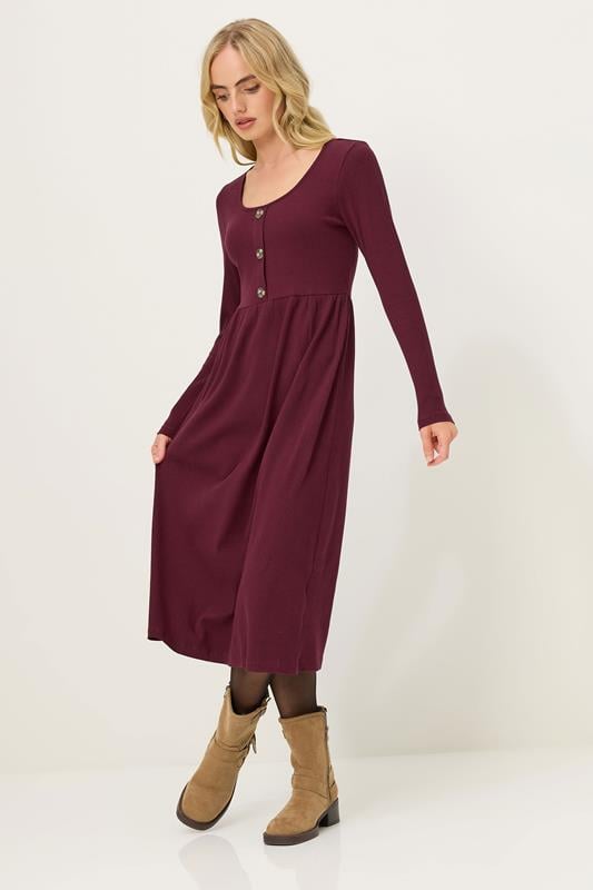 Petite  PixieGirl Petite Burgundy Red Ribbed Button Midaxi Dress