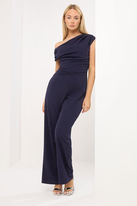  STAR Navy Blue Wide Leg Draped Jumpsuit