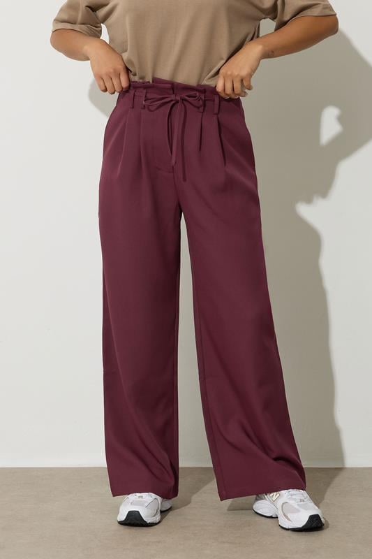 PixieGirl Petite Womens Burgundy Red Tie Wide Leg Trousers | PixieGirl 2