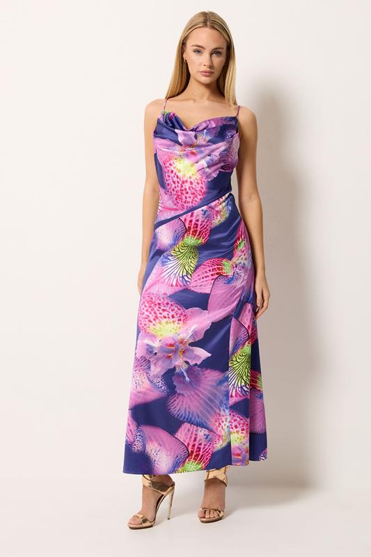  STAR Purple Floral Cowl Neckline Maxi Dress