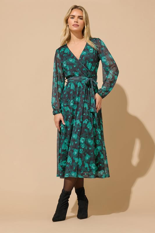  M&Co Petite Teal Green Floral Mesh Wrap Dress