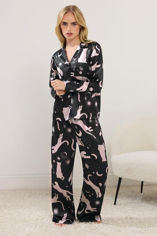 PixieGirl Petite Women's Black Graphic Satin Button Pyjama Set | PixieGirl 1