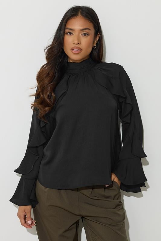 PixieGirl Petite Black Satin Frill Blouse