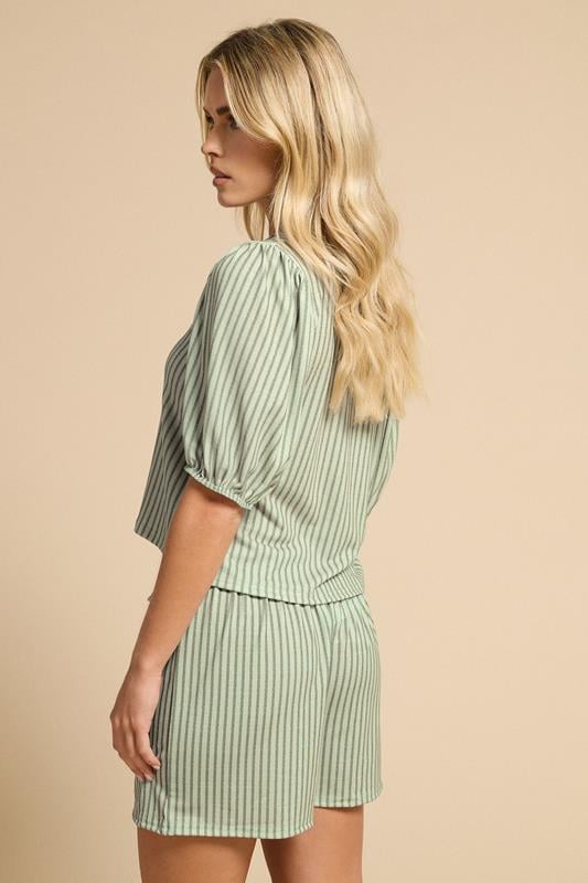 PixieGirl Petite Women's Sage Green Stripe Tie Front Top & Shorts Set | PixieGirl 5