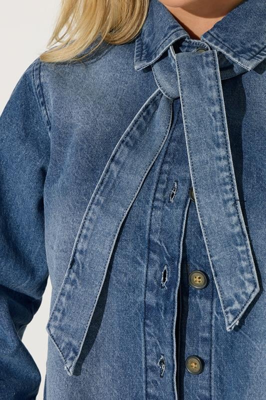 PixieGirl Petite Women's Blue Denim Tie Neck Shirt | PixieGirl 4