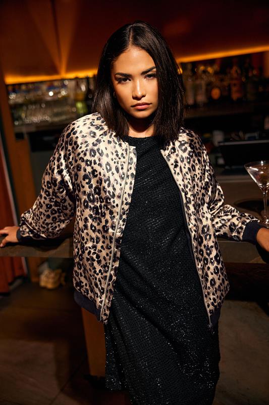 Petite  PixieGirl Petite Stone Brown Leopard Print Satin Bomber Jacket