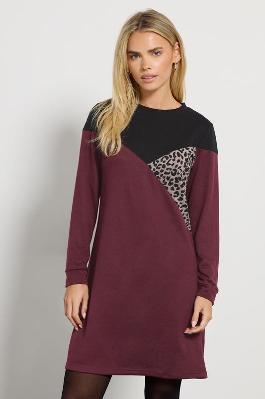  M&Co Petite Black & Berry Colourblock Leopard Print Dress