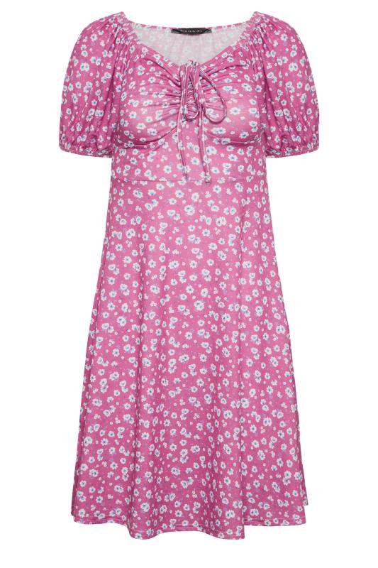 Petite Pink Daisy Print Ruched Front Dress | PixieGirl 6