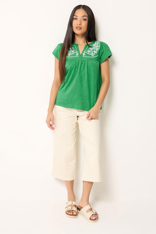 M&Co Petite Green Embroidered Cotton Notch Neck Top | M&Co 1