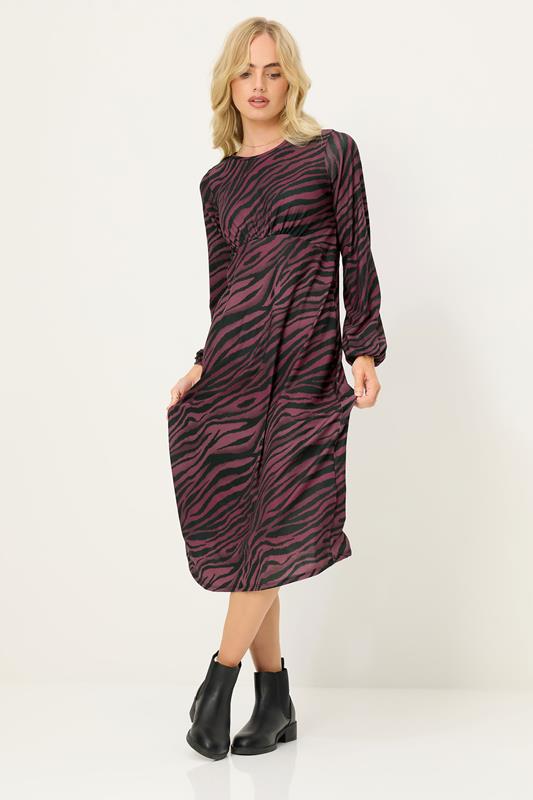 Petite  PixieGirl Petite Burgundy Red Zebra Print Long Sleeve Midi Dress