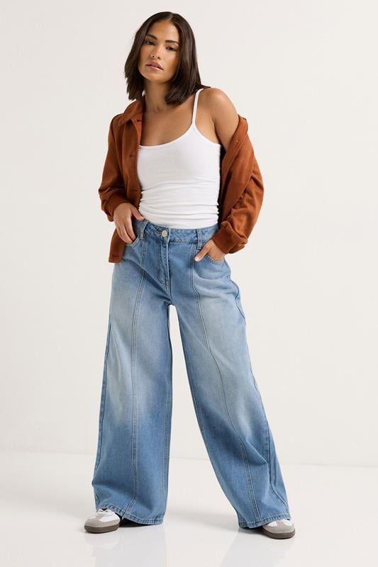 PixieGirl Petite Women's Blue Seam Front Wide Leg Jeans | PixieGirl 1