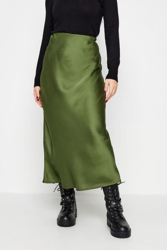 PixieGirl Petite Olive Green Satin Midaxi Skirt | PixieGirl  2