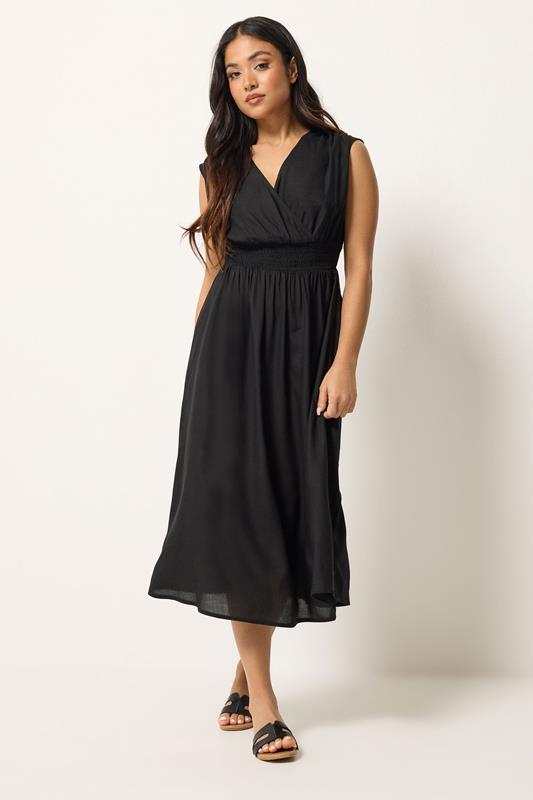 PixieGirl Petite Women's Black Shirred Waist Midi Dress | PixieGirl 1