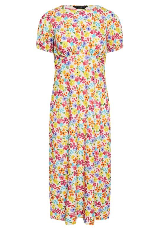 PixieGirl Petite Womens Pink & Yellow Floral Print Puff Sleeve Midi Dress | PixieGirl 5