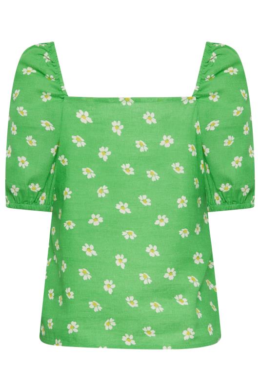 PixieGirl Petite Womens Green Daisy Print Square Neck Linen Top | PixieGirl 8