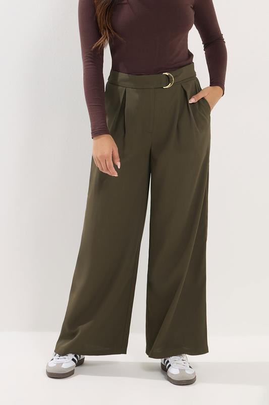 PixieGirl Petite Women's Olive Green Belted Wide Leg Trousers | PixieGirl 1