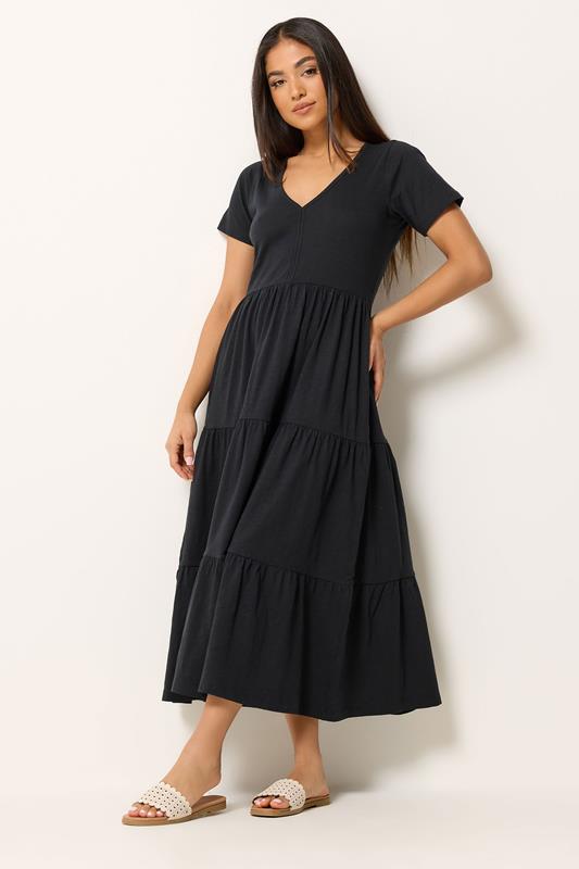 M&Co Petite Black Notch Neck Tiered Cotton Maxi Dress