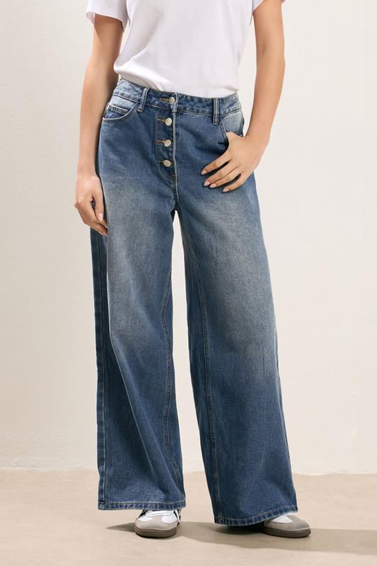 PixieGirl Petite Women's Mid Blue Button Front Wide Leg Jeans | PixieGirl 2
