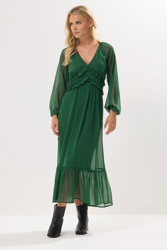 PixieGirl Petite Women's Green Chiffon Frill Midaxi Dress | PixieGirl 1