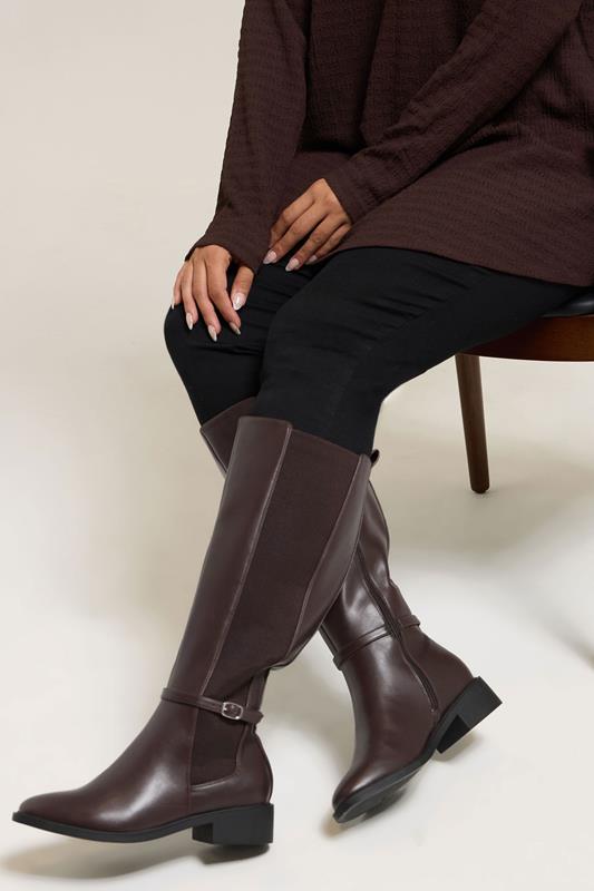 Plus Size  Yours Brown Faux Leather Buckle Knee High Riding Boots In Extra Wide EEE Fit