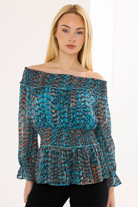 STAR Teal Blue Printed Bardot Top