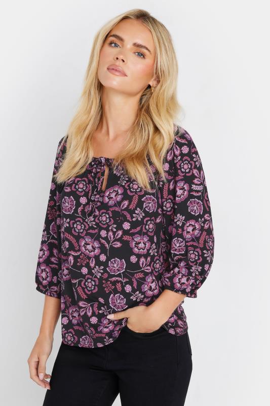  M&Co Petite Black & Purple Floral Print Tie Neck Top