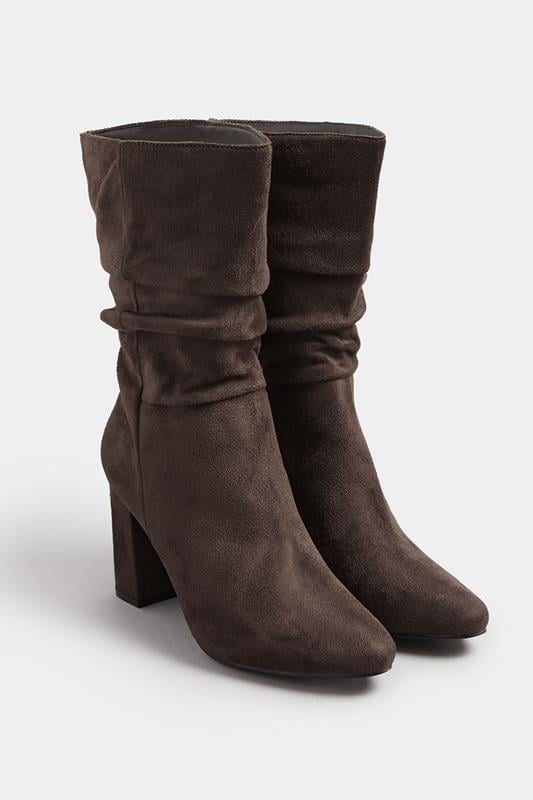 Chocolate Brown Faux Suede Ruched Block Heel Boots In Standard Fit