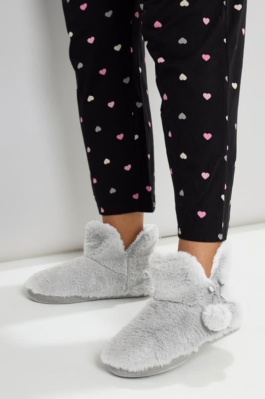 Plus Size  Yours Grey Pom Pom Faux Fur Boot Slippers