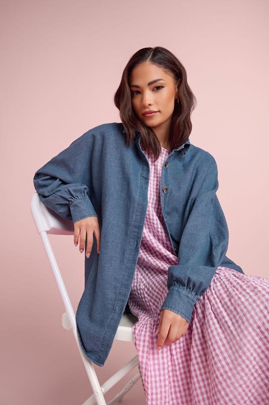 PixieGirl Petite Women's Mid Blue Oversized Denim Shirt | PixieGirl 1