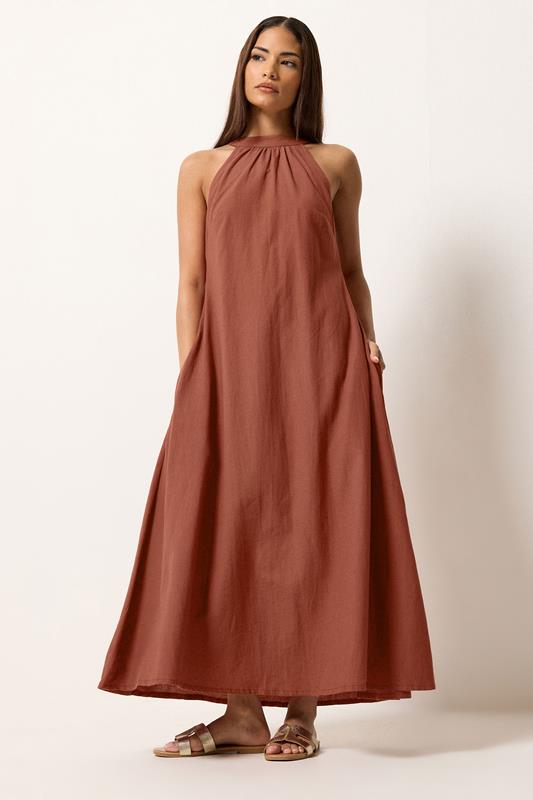 PixieGirl Petite Women's Red Linen Halterneck Maxi Dress | PixieGirl