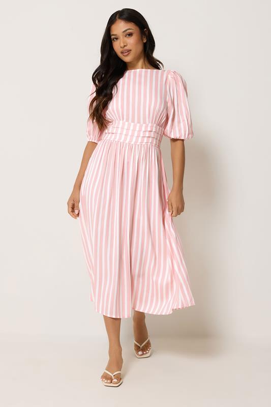 PixieGirl Petite Pink Stripe Puff Sleeve Midi Dress