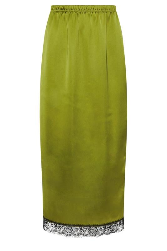 PixieGirl Petite Women's Olive Green Lace Hem Satin Maxi Skirt | PixieGirl 5