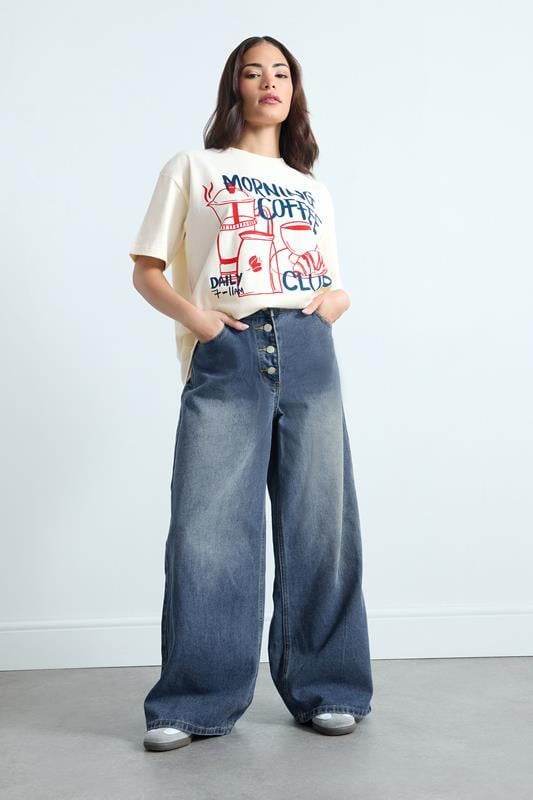 Petite  PixieGirl Petite Mid Blue Button Front Wide Leg Jeans