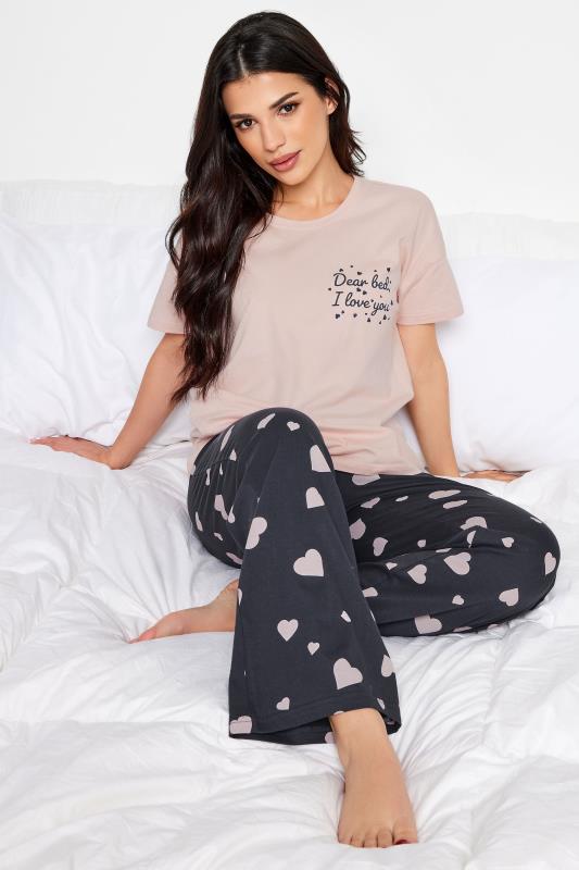 PixieGirl Petite Womens Light Pink Heart Print Wide Leg Pyjama Set | Long Tall Sally 1
