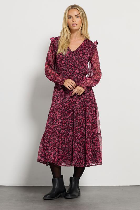 M&Co Petite Black & Berry Floral Chiffon Midi Dress | M&Co 1