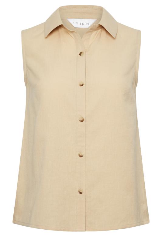 PixieGirl Petite Women's Stone Brown Linen Sleeveless Shirt | PixieGirl 7
