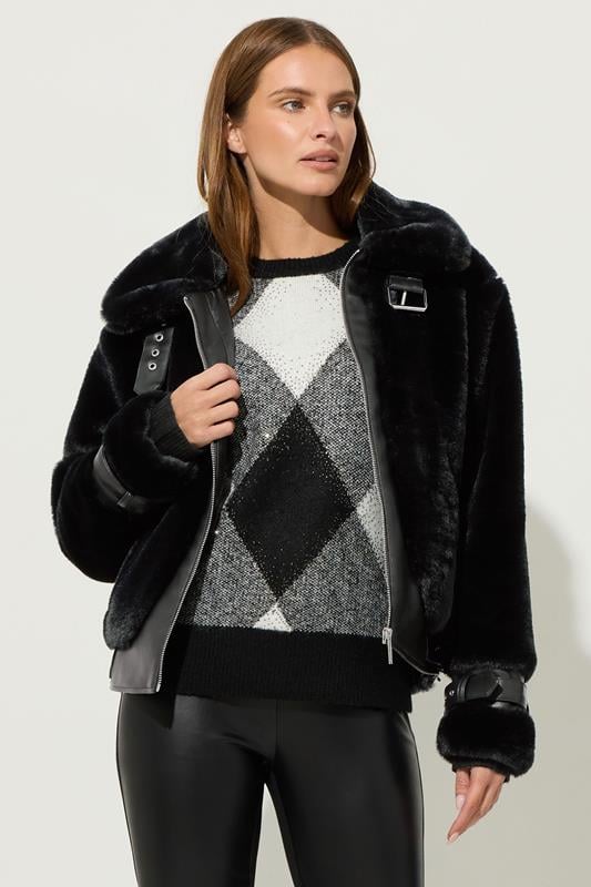 Women's  STAR Black Faux Fur Coat