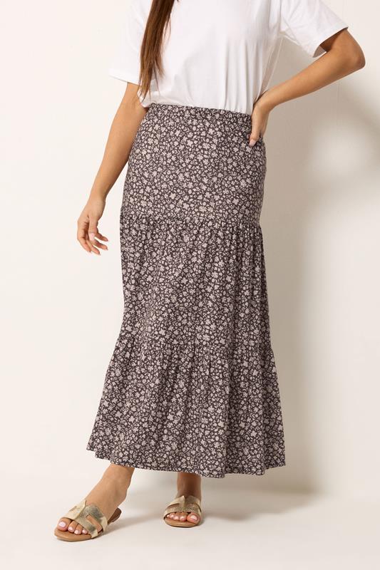 M&Co Petite Brown Floral Tiered Maxi Skirt