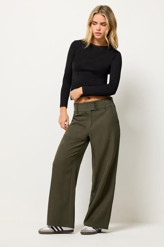 Petite  PixieGirl Petite Olive Green Button Tab Detail Wide Leg Trousers