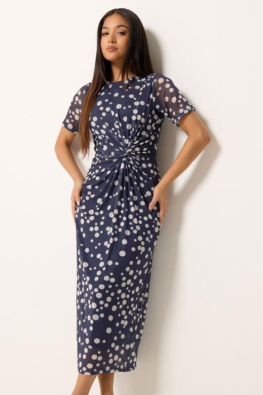 M&Co Petite Blue Polka Dot Twist Front Mesh Maxi Dress