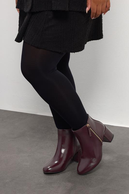 Plus Size  Yours Burgundy Red Faux Leather Block Heel Ankle Boots In Wide E Fit & Extra Wide EEE Fit