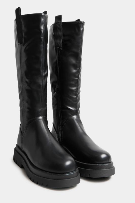 PixieGirl Black Pull On Knee High Boots In Standard Fit | PixieGirl 2