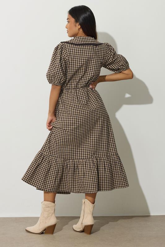 PixieGirl Petite Women's Brown Gingham Big Collar Maxi Dress | PixieGirl 4