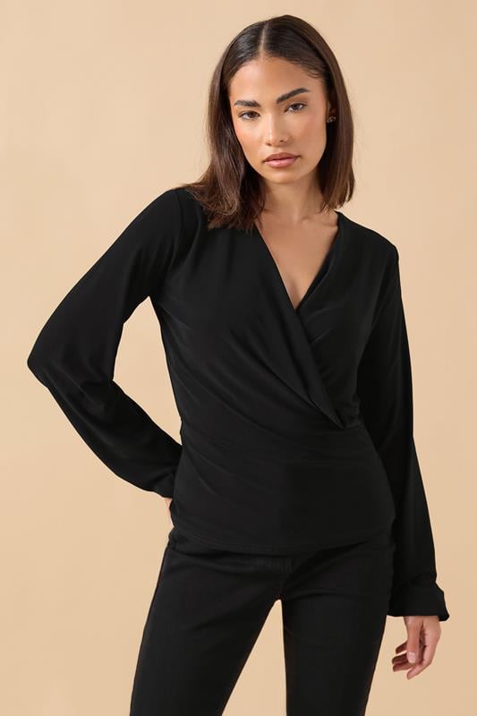 Petite  PixieGirl Petite Black Stretch Wrap Top