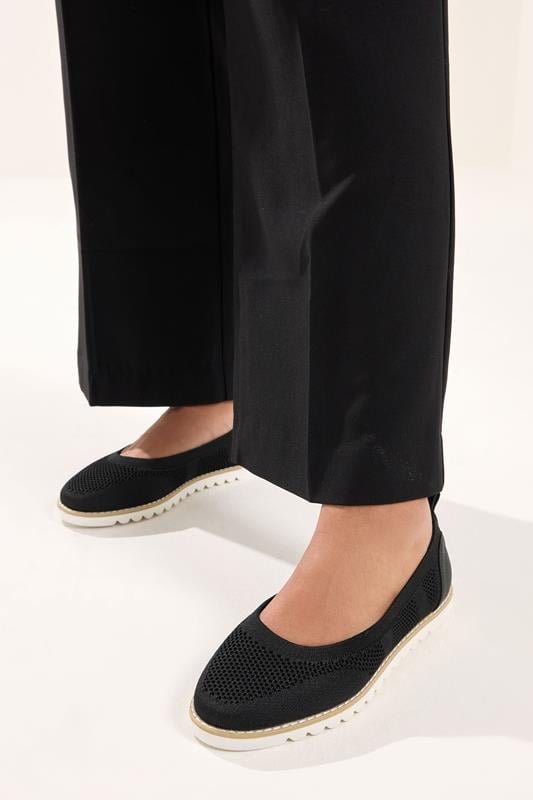 Black Knitted Slip On Ballet Flats In Extra Wide EEE Fit