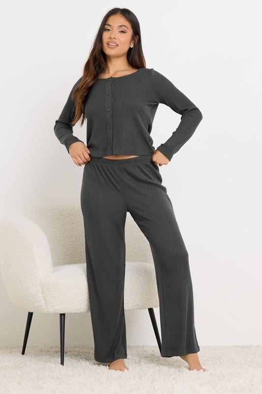 Petite  PixieGirl Petite Charcoal Grey Ribbed Wide Leg Trousers
