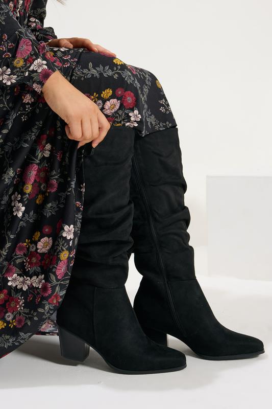 Plus Size  Yours Black Faux Suede Ruched Western Boots In Extra Wide EEE Fit