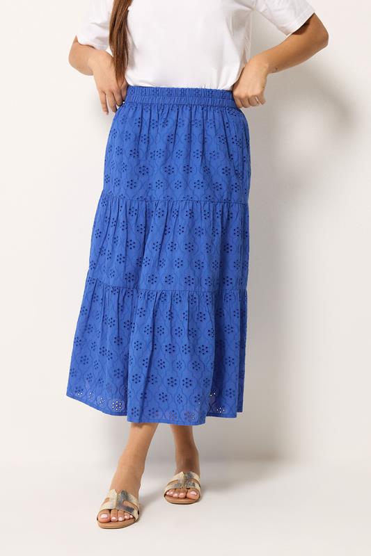 M&Co Petite Blue Broderie Tiered Cotton Maxi Skirt