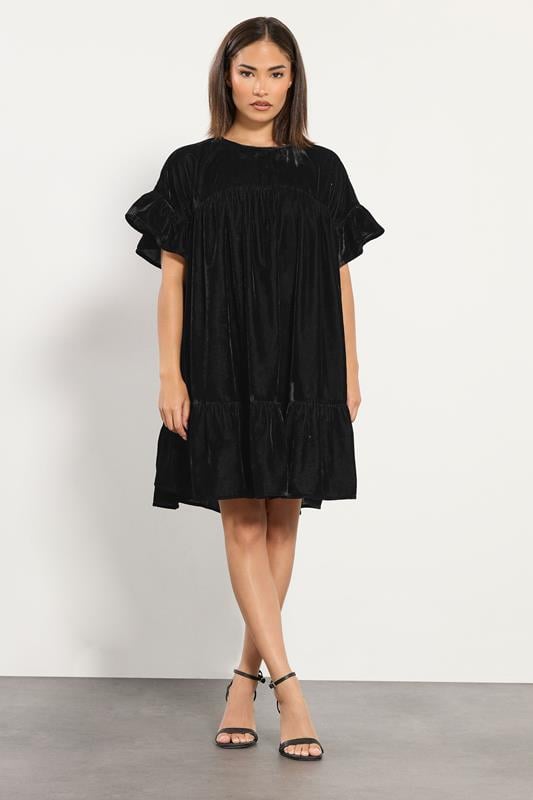 PixieGirl Petite Women's Black Velvet Frill Smock Mini Dress | PixieGirl 1