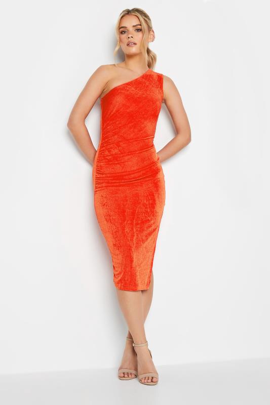 Petite Orange Ruched One Shoulder Midi Dress | PixieGirl 2